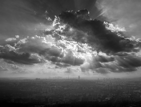 Fototapeta Paris aerial view on foggy day and Eiffel tower