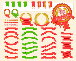 Collection of decorative design elements - ribbons, stickers, labels, frames. Vector illustrations of gift and accessory