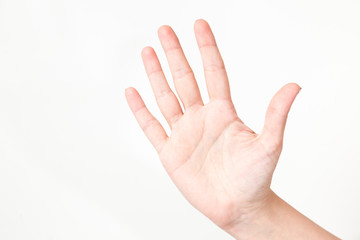 Closeup of caucasian female caucasian hand isolated on white background. Young woman shows 5 fingers while counting. Horizontal color image.