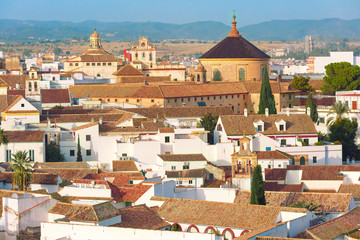 Roof of the old city and church Iglesia del Colegio de Santa Victoria, aerial view from the bell tower at the Mezquita in Cordoba, Andalusia, Spain