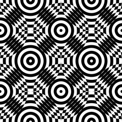 Abstract vector seamless op art pattern. Monochrome plop art graphic ornament. Optical illusion repeating texture.