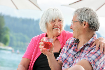 Series of a Cute Senior Couple (Man and Woman) on Vacation in Summer, Together, Portraits, with Cocktails and without