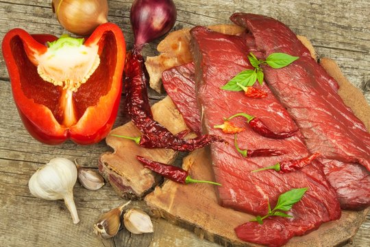 Preparing for grilling. Raw beef on a wooden board. Homework steak.