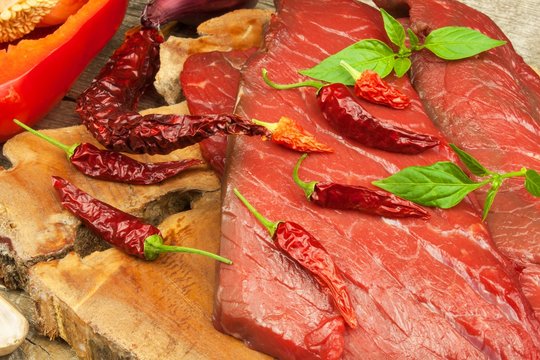 Preparing for grilling. Raw beef on a wooden board. Homework steak.