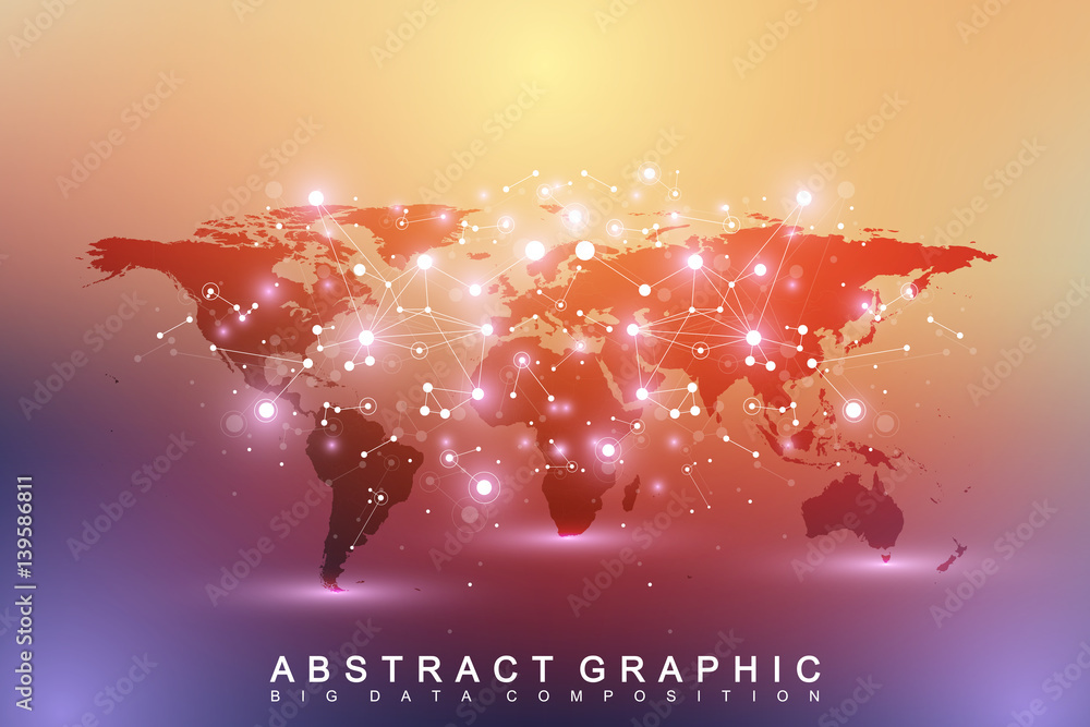 Poster Political World Map with global technology networking concept. Digital data visualization. Scientific cybernetic particle compounds. Big Data background communication. Vector illustration.
