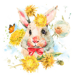 Cute watercolor white rabbit with red bow