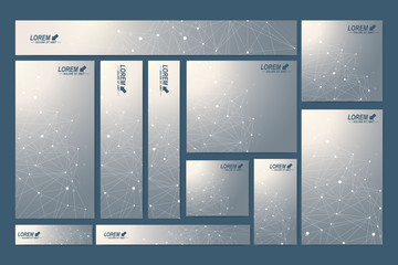Naklejka premium Scientific standard size banners. Geometric abstract presentation. Medical, science, technology, chemistry background molecule and communication. Cybernetic dots. Lines plexus. Card surface.