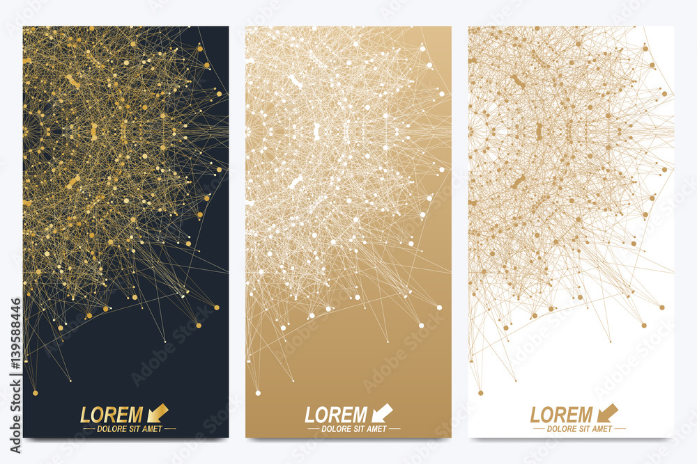 Aufkleber Modern set of vector flyers. Geometric abstract presentation. Molecule and communication background for medicine, science, technology, chemistry. Golden cybernetic dots. Lines plexus. Card surface.