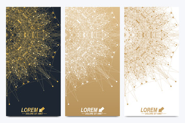 Modern set of vector flyers. Geometric abstract presentation. Molecule and communication background for medicine, science, technology, chemistry. Golden cybernetic dots. Lines plexus. Card surface.