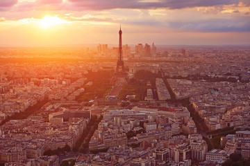 Eiffel Tower in Paris aerial sunset France