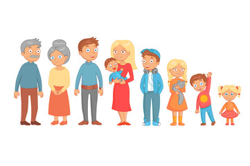 Big happy cheerful family consisting of a father, mother, grandmother, grandfather, daughters, sons, and cat, posing together. Funny bright cartoon character. Vector illustration.
