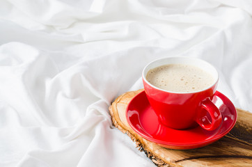 Cup of Hot Cappuccino. Breakfast in Bed.