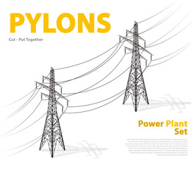 Vector high voltage pylon isolated on white background in isometric perspective. 3d metal pole voltage with typography. Industrial illustration. Power line pylon. Nuclear power station facilities.