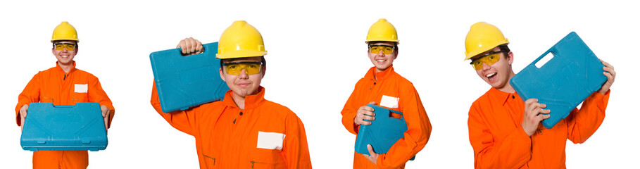 Man in orange coveralls isolated on white