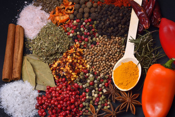 Various spices on wooden background.