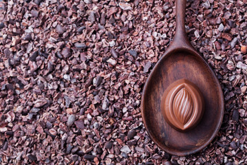 Chocolate candy in a wooden spoon on a crushed raw cocoa beans, nibs background. Copy space Top view