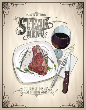 Steak menu design concept with graphic illustration of a fillet mignon steak on a plate