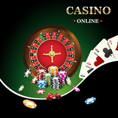 Casino banner includes roulette, casino chips, playing cards for poker