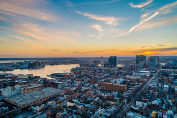 Aerial view of Fells Point at sunset, in Baltimore, Maryland.