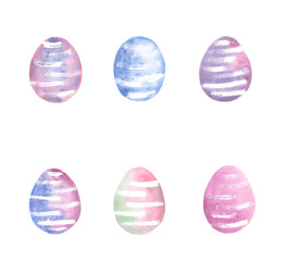 Happy Easter. Watercolor set of hand drawn colored Easter eggs