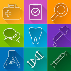 Icons with instruments for dentists. Long shadow design.