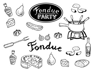 Swiss traditional fondue ingredients set of cheese, pot, cucumber, pear, bread, wine bottle. Hand drawn sketch on white background
