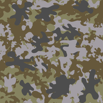 Camouflage pattern background seamless vector illustration. Classic clothing style masking camo repeat print. Green brown black olive colors forest texture