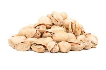 Big pile of pistachio nuts on a white background