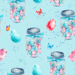 Watercolor seamless pattern with glass jar, candy, Easte eggs