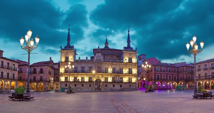 Evening panorama of Plaza Mayor in Leon, Castile and Leon, Spain  (static image with animated sky)
