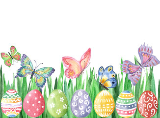 Happy Easter. Watercolor hand drawn background with Easter eggs