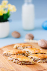 Turkish baklava made from nuts over easter table.