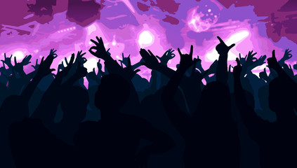 Silhouettes of dancing people in club in front of bright stage lights - disco concept, vector illustration