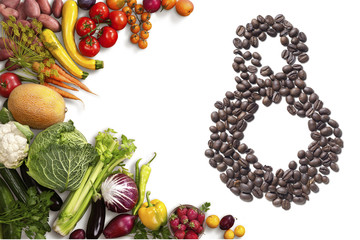 Fresh vegetables and Coffee beans in form of number eight on white background. International women's day. 8th march