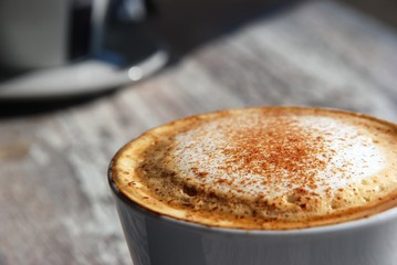 Details of a cup of cappuccino coffee with cinnamon, close up shot