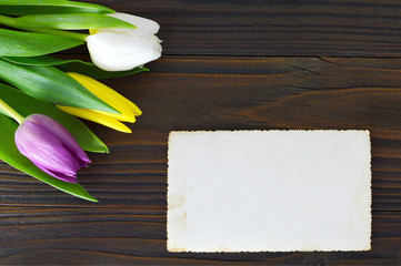 Blank greeting card and spring flowers on wooden background