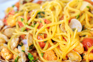 spaghetti alla chitarra Abruzzo pasta closeup italian seafood