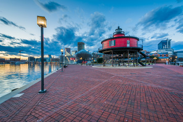 Seven Foot Knoll Lighthouse at night, at the Inner Harbor in Baltimore, Maryland.