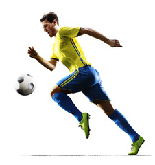 Professional football soccer player in action isolated white background