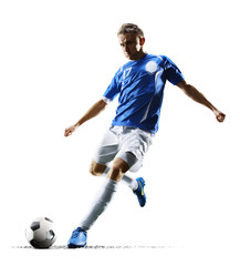 Fototapeta na wymiar Professional football soccer player in action isolated white background