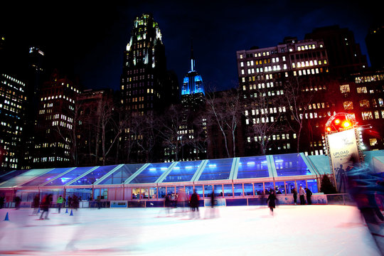 Ice Skating Rink Bryant Park New York City Skyline  Night