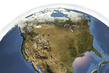 Fototapeta premium Planet Earth from space showing USA and Canada in winter with enhanced bump, 3D illustration, Elements of this image furnished by NASA
