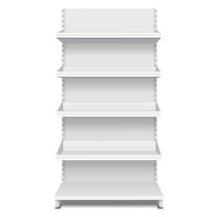 Blank Empty Showcase Display With Retail Shelves. 3D. Front View. Mock Up, Template. Illustration Isolated On White Background. Ready For Your Design. Product Advertising. Vector EPS10