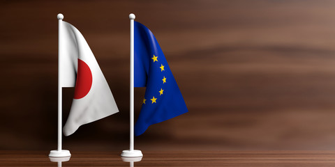 Fototapeta premium Japan and EU flags on wooden background. 3d illustration