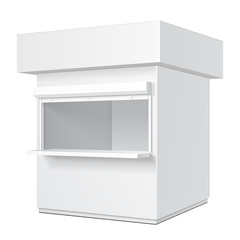 Promotional Or Trade Outdoor Kiosk, Stand, Newsstand. Open-fronted Hut Or Cubicle. Mock Up, Template. Illustration Isolated On White Background. Ready For Your Design. Product Advertising Vector EPS10