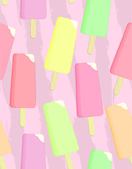 Vector pattern. Pink melting ice cream on striped background. Summer seamless texture.