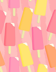 Vector pattern. Pink melting ice cream on striped background. Summer seamless texture.