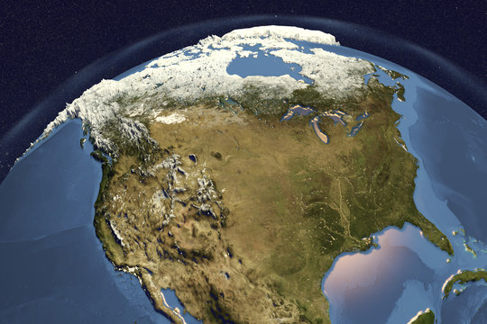 Planet Earth from space showing USA and Canada in winter with enhanced bump, 3D illustration, Elements of this image furnished by NASA