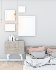 mock up poster frame in light bedroom modern style interior background. 3d viz
