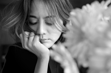 (Black and white) Depressed young woman beauty girl cry,Upset,crying sad.